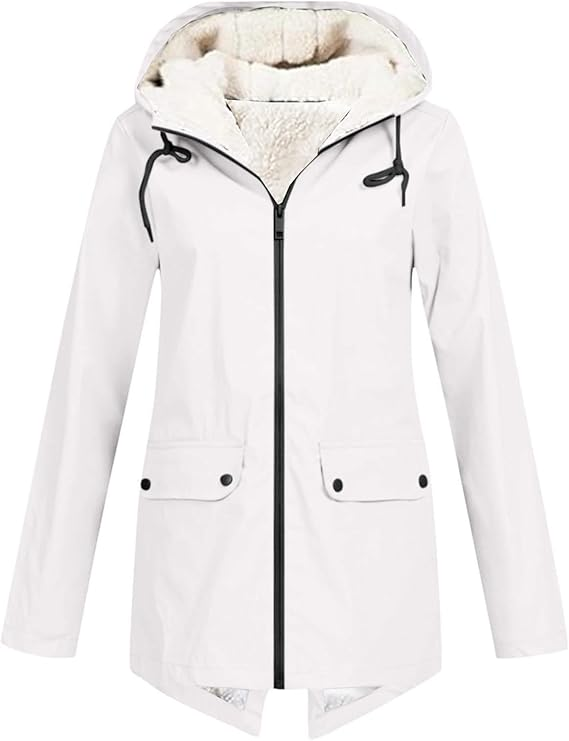 White fleece lined hooded jacket with zip front and flap pockets