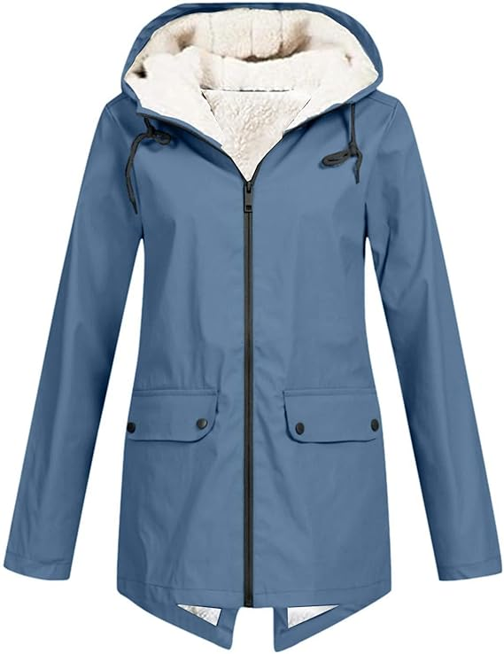 Fleece lined hooded jacket with zip front and flap pockets
