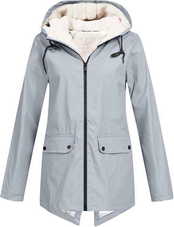 Fleece lined hooded jacket with zip front and flap pockets