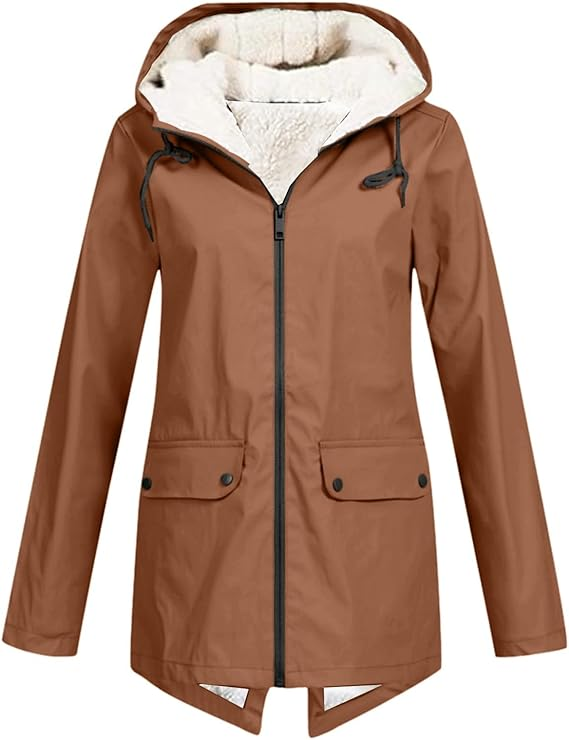 Fleece lined hooded jacket with zip front and flap pockets