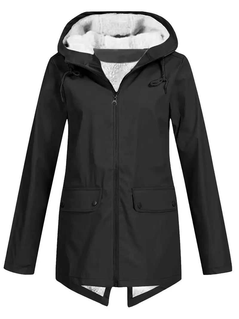 Black fleece lined hooded jacket with zip front and flap pockets