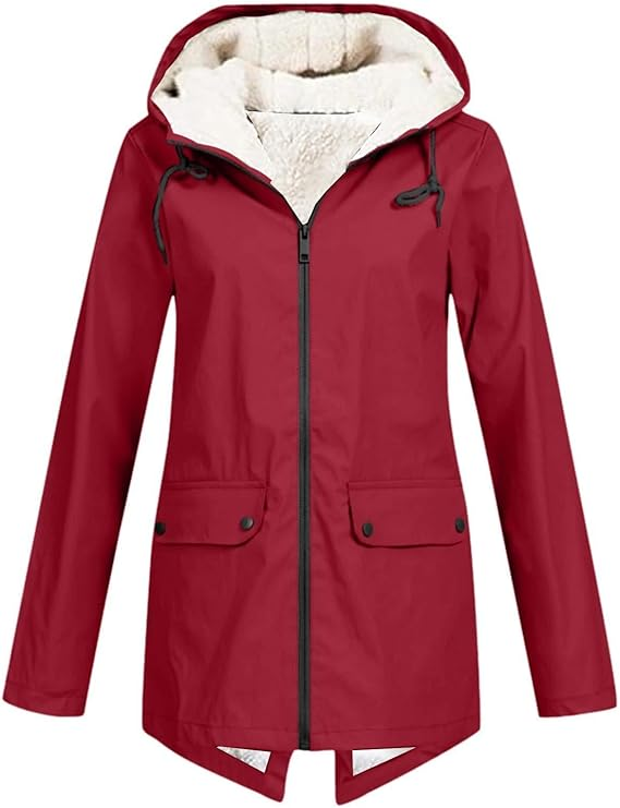 Red fleece lined hooded jacket with zip front and flap pockets