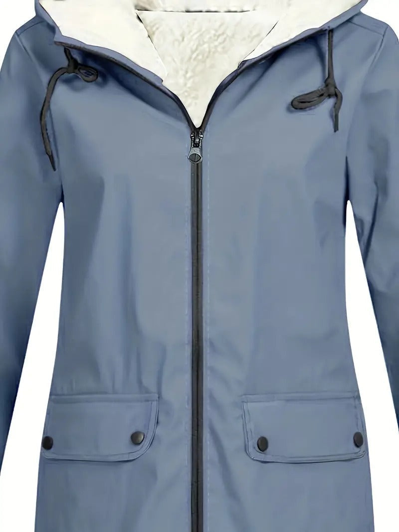 Fleece lined hooded jacket with zip front and flap pockets