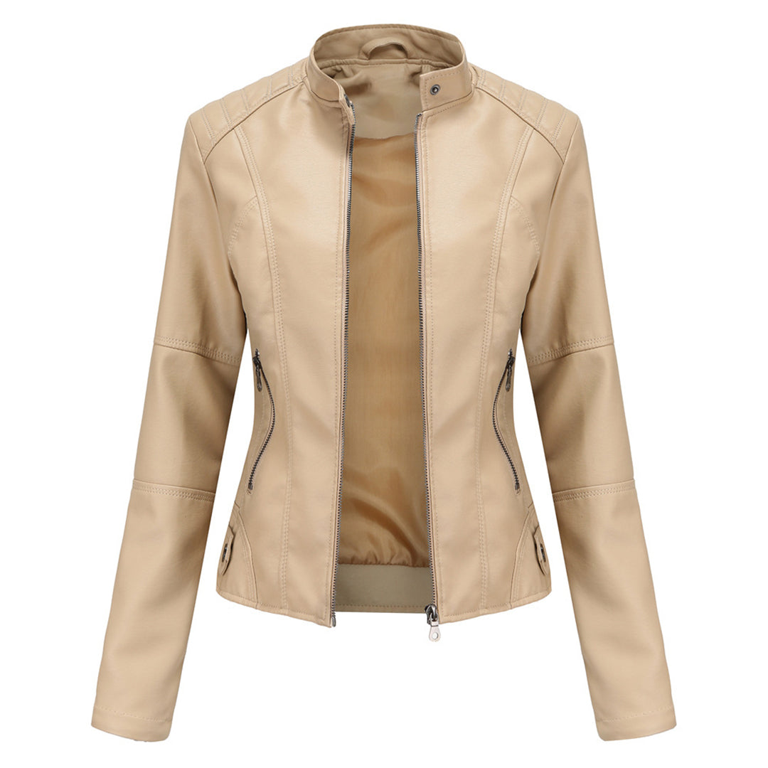 Fitted biker jacket with stand collar