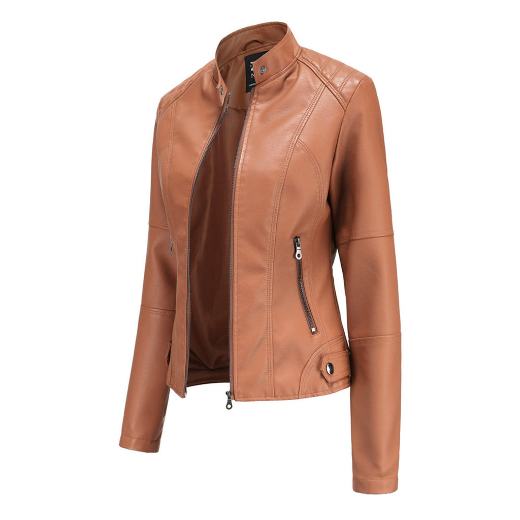 Fitted biker jacket with stand collar