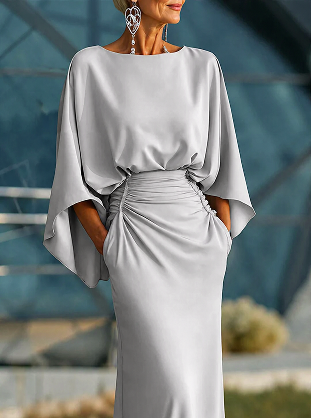 Gray Sleeveless V-Neck A-Line Midi Dress