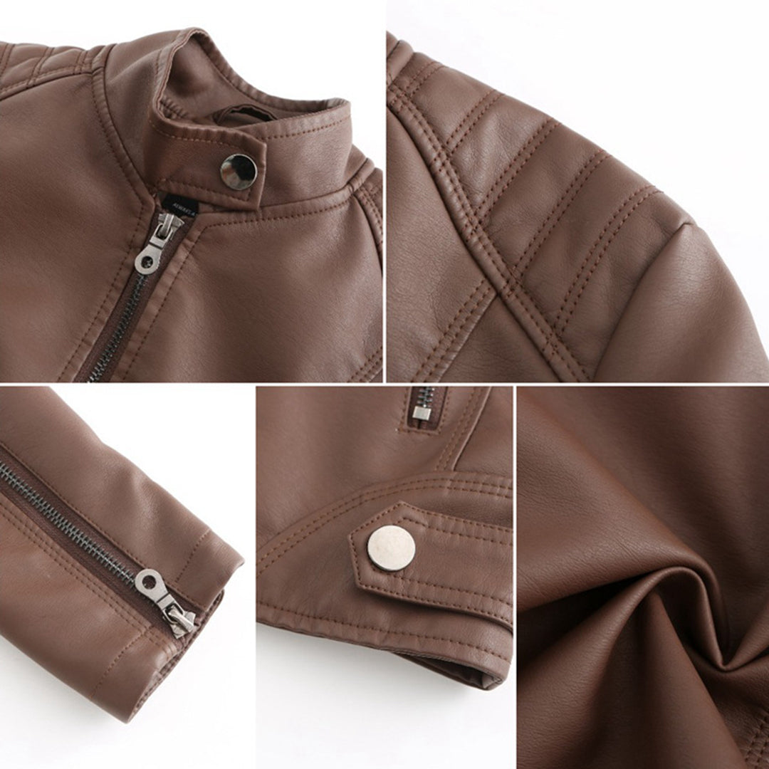 Fitted biker jacket with stand collar