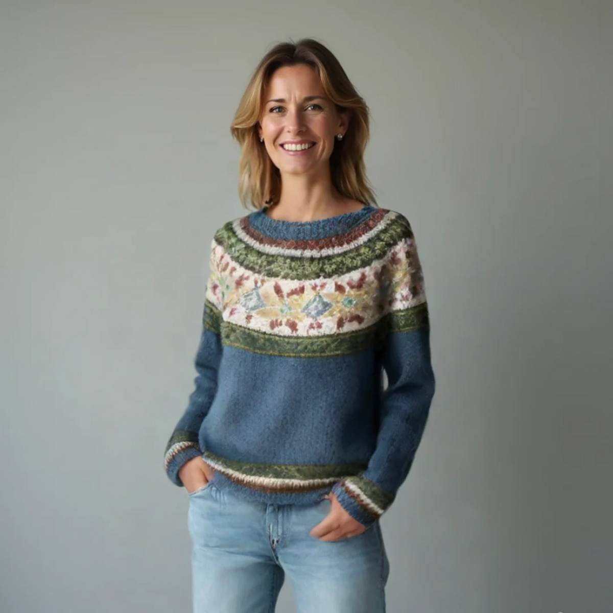 Boat neck knit sweater with patterned bands