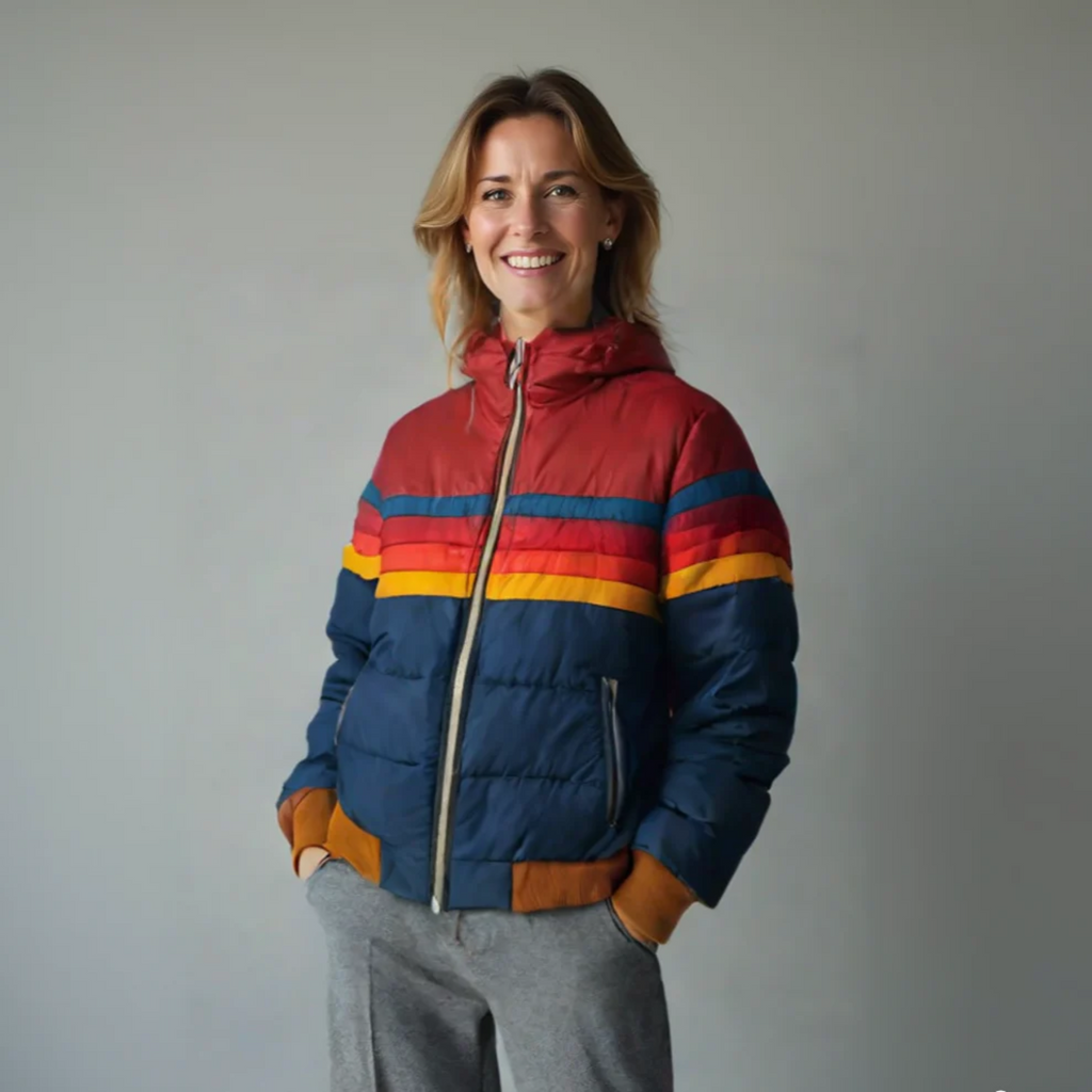 Retro striped quilted puffer jacket with hood, front view