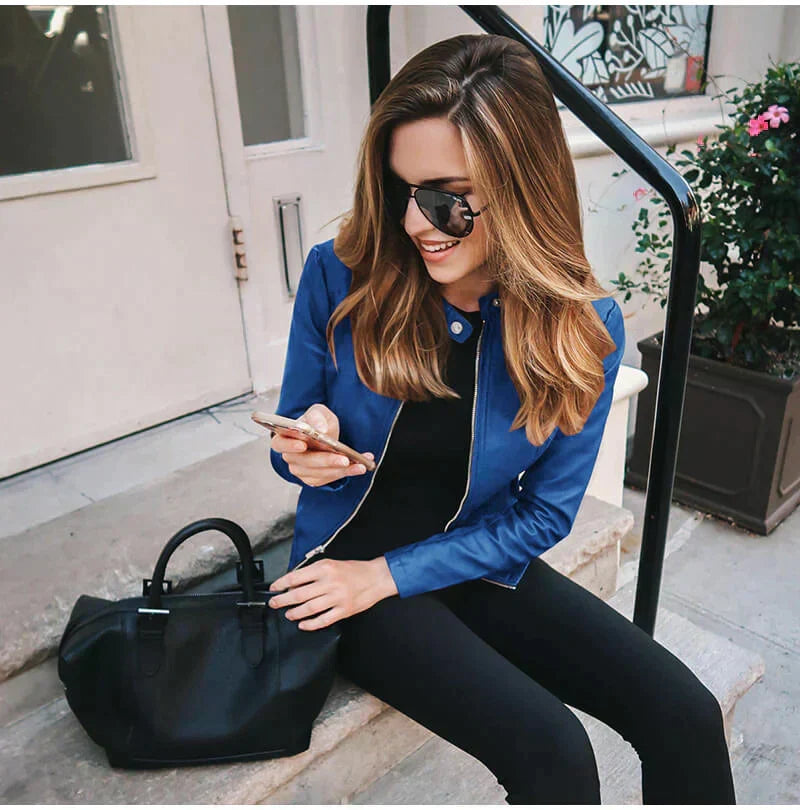 Blue leather jacket with moto zip front and stand collar, front view