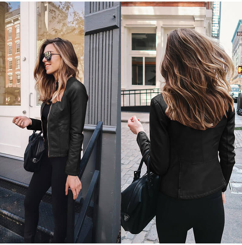 Black leather jacket with moto zip front and stand collar