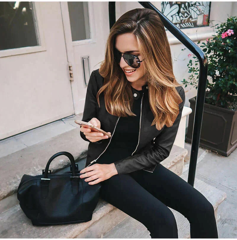 Black leather jacket with moto zip front and stand collar