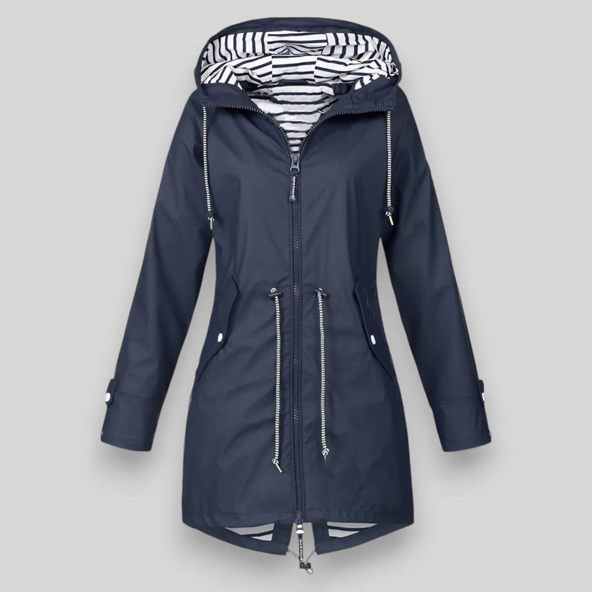 Navy blue hooded zip jacket with drawstring waist, front view