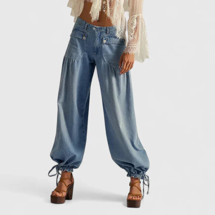 Light Blue denim balloon pants with tie hem and wide leg, front view