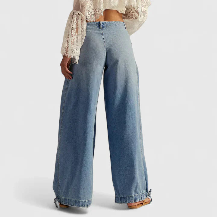 Light Blue denim balloon pants with tie hem and wide leg