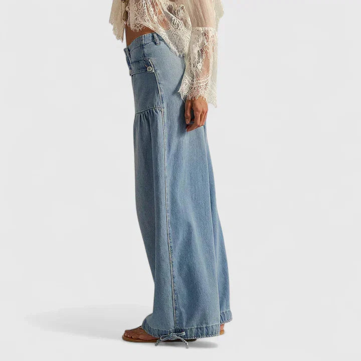 Pink denim balloon pants with tie hem and wide leg