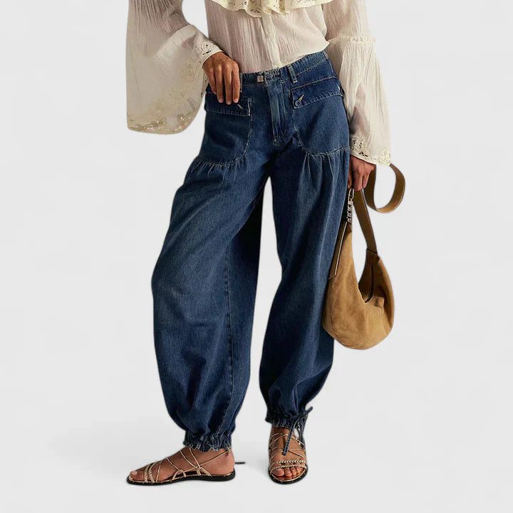 Dark Blue denim balloon pants with tie hem and wide leg