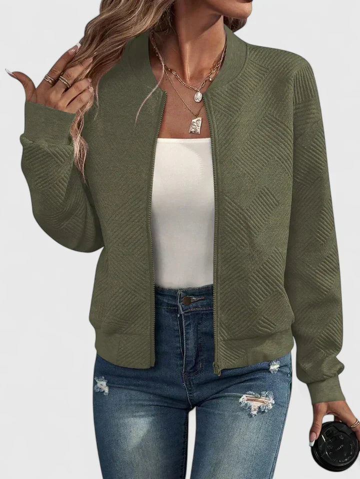 Army Green textured knit bomber jacket with ribbed collar and cuffs