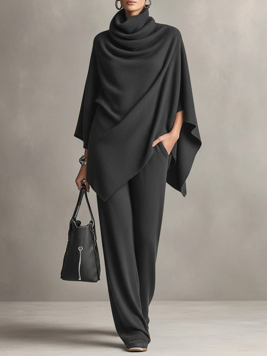 Gray draped poncho top and wide leg pants co ord set
