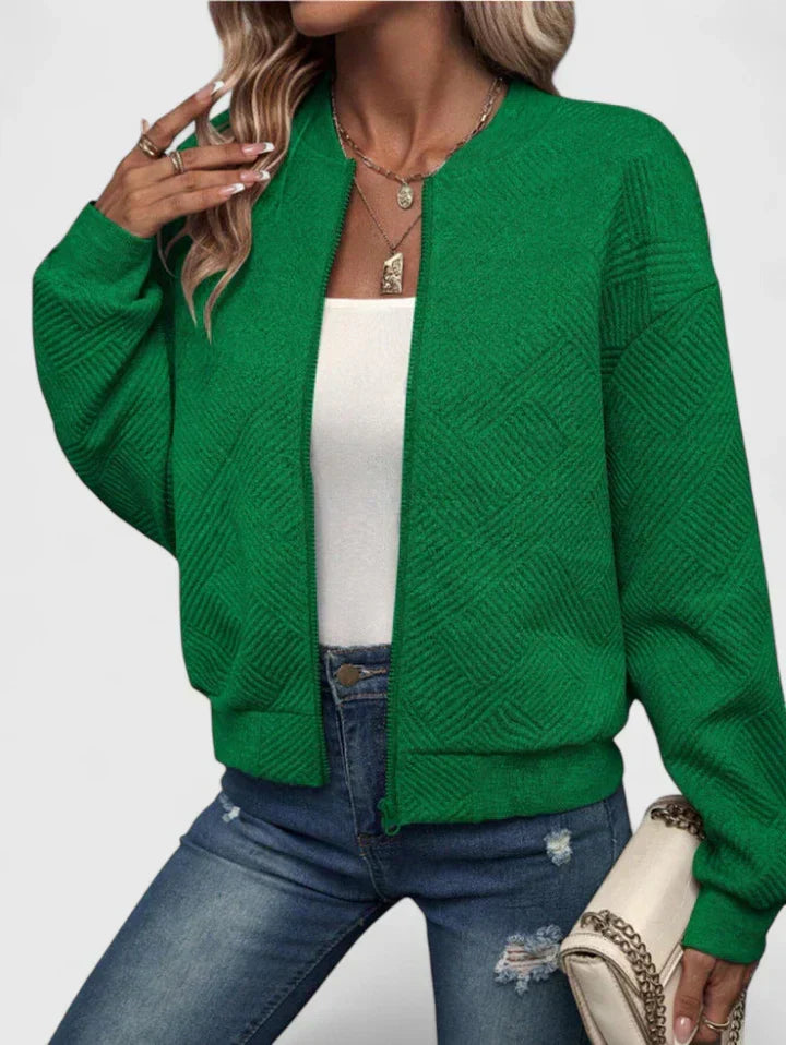 Green textured knit bomber jacket with ribbed collar and cuffs