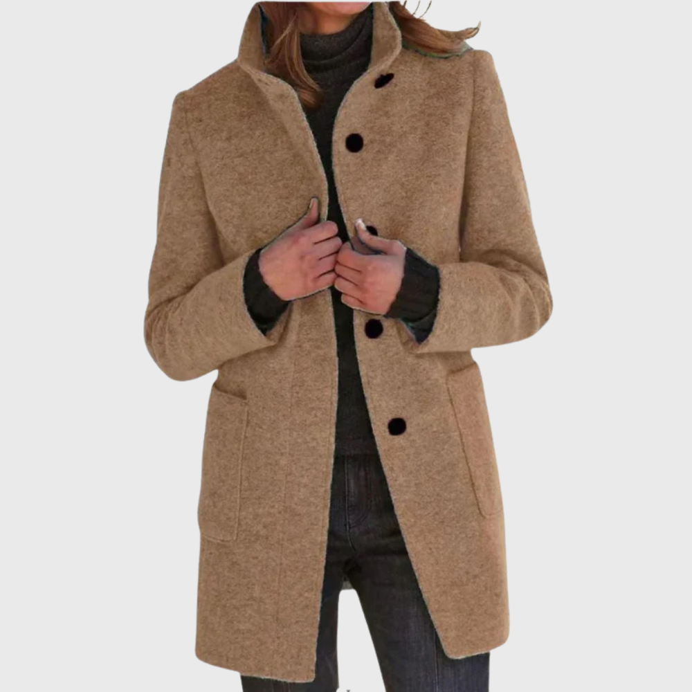 Longline stand collar coat with button front, front view