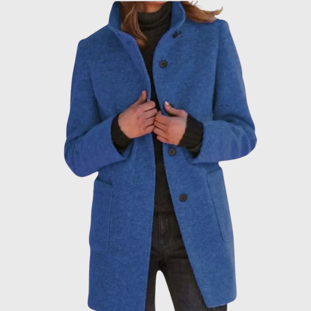 Longline stand collar coat with button front