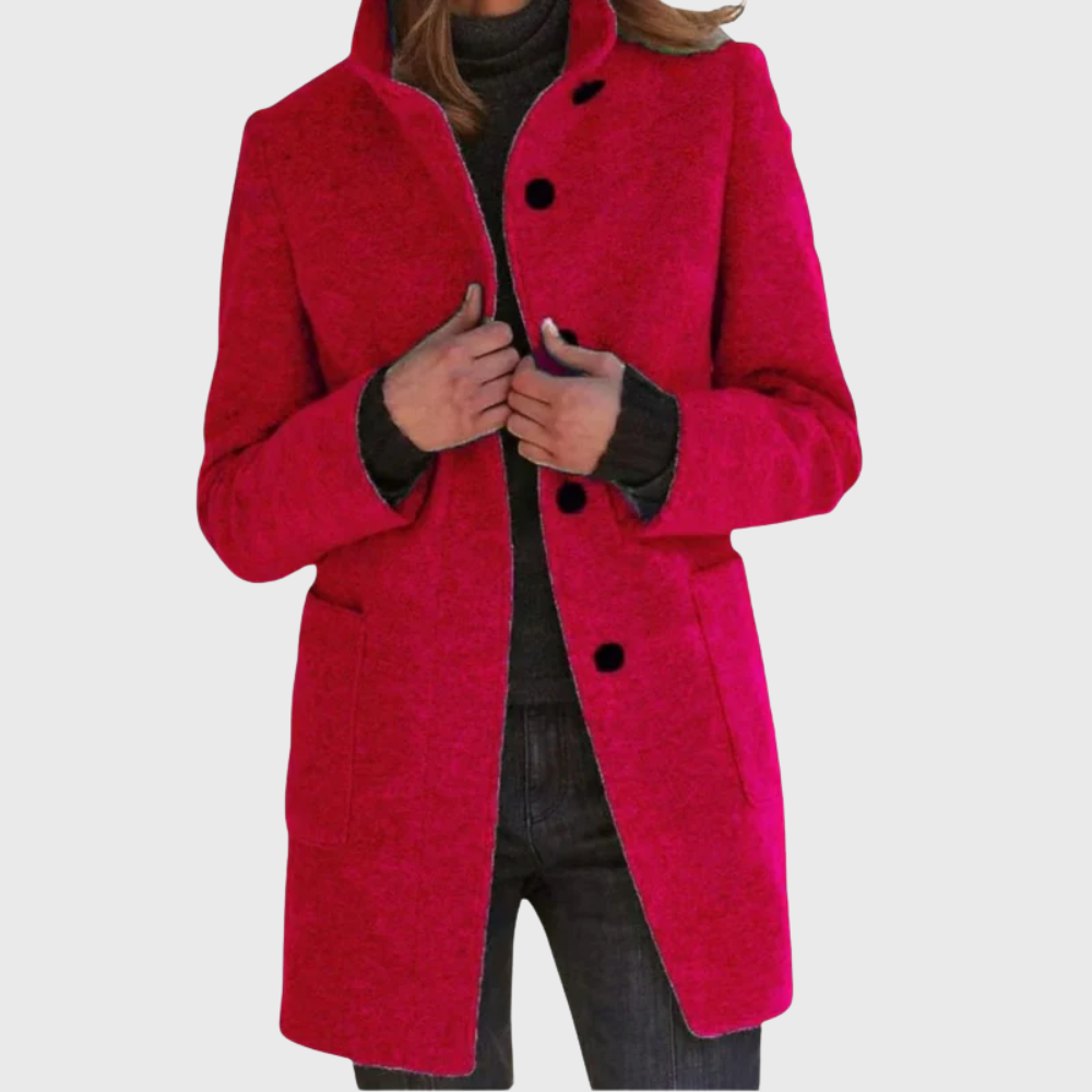 Longline stand collar coat with button front