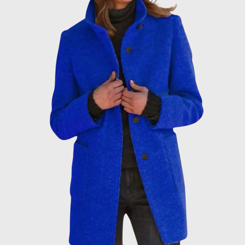 Longline stand collar coat with button front