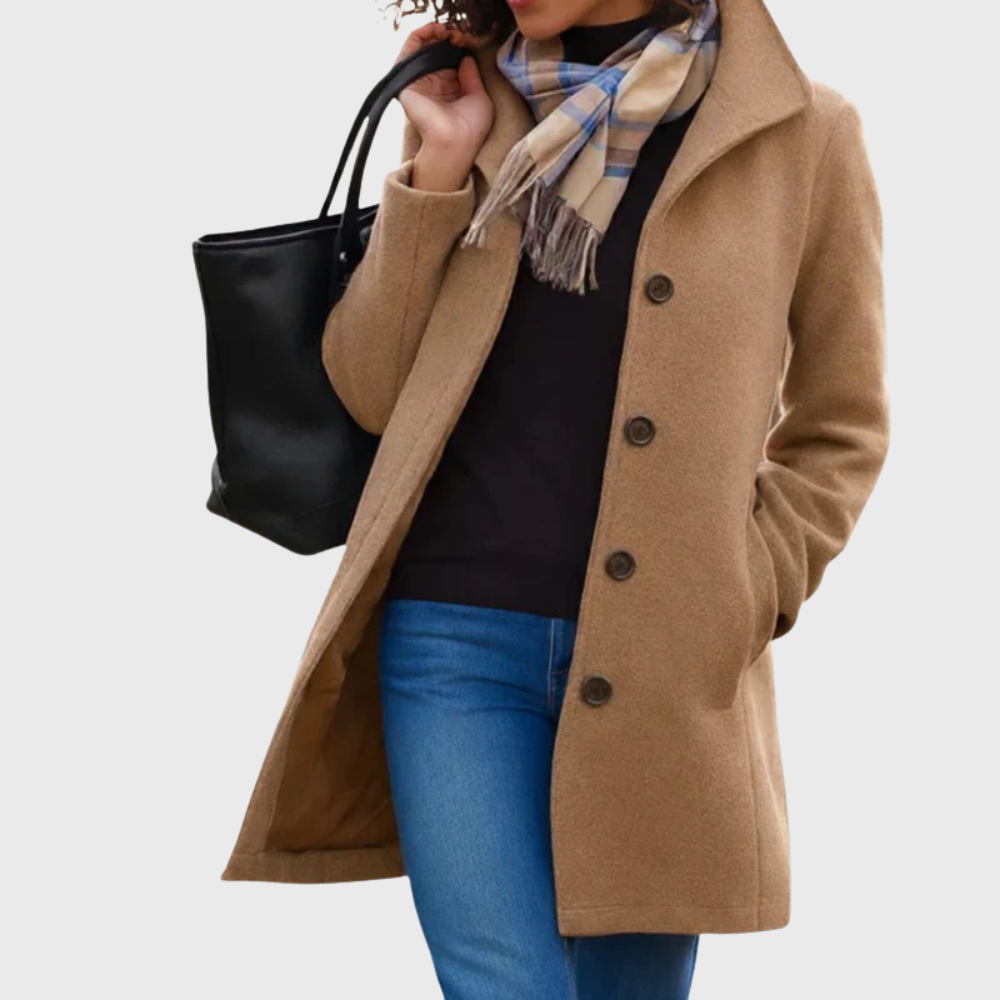 Khaki longline winter coat with button front, front view