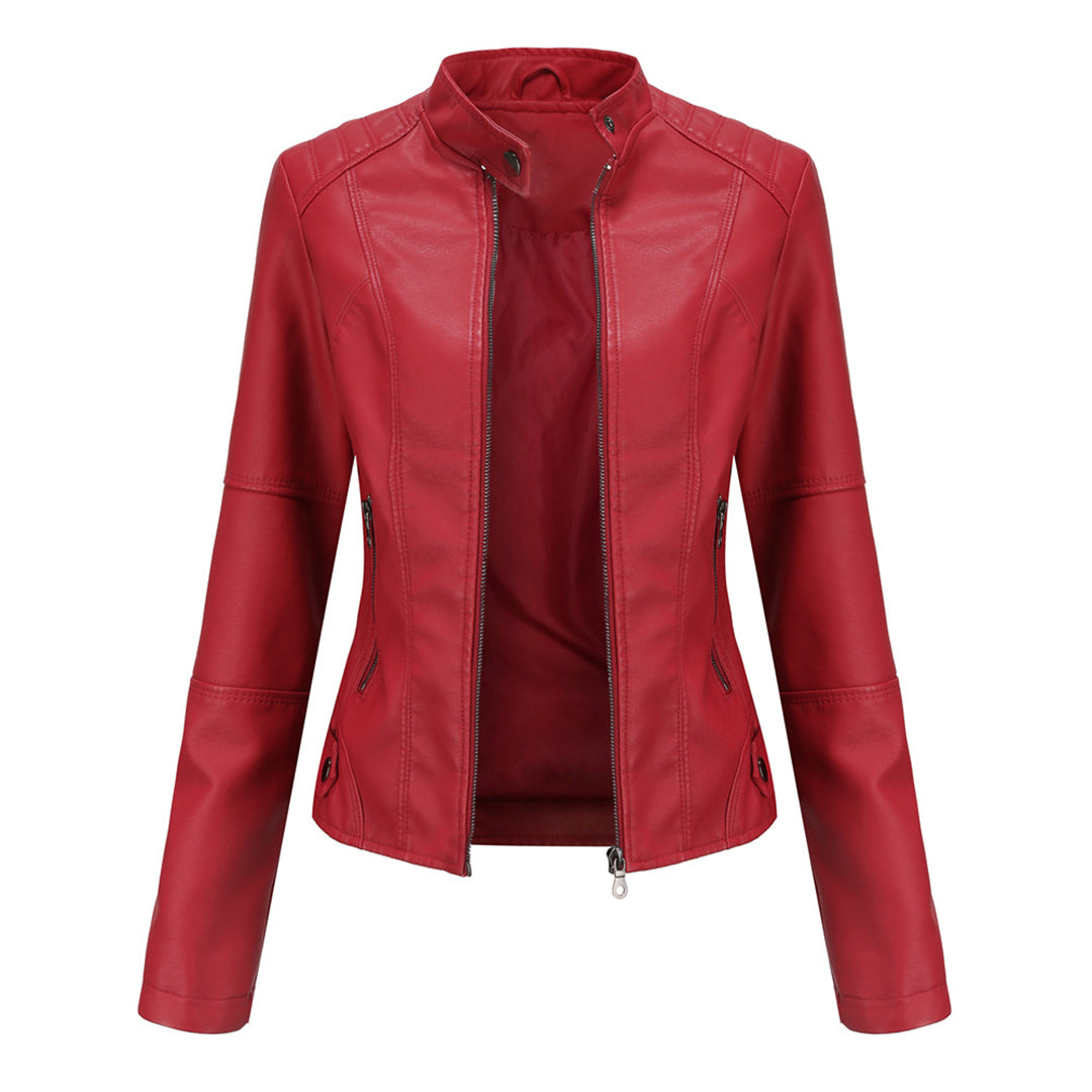 Red fitted biker jacket with stand collar