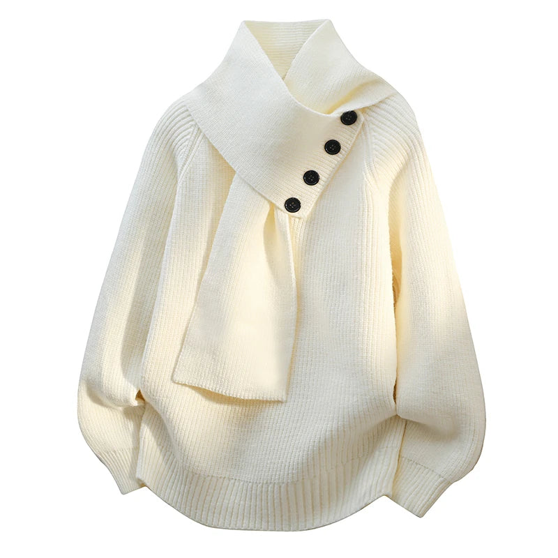 Scarf neck knit sweater with button detail, front view