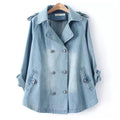 Light Blue double breasted denim jacket with cape cut and buttons, front view