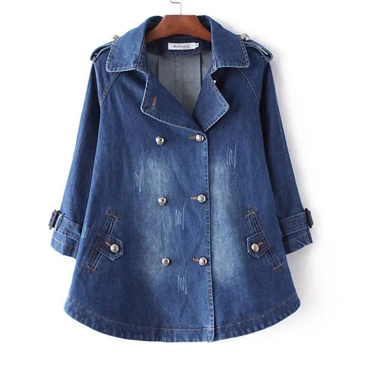 Deep Indigo double breasted denim jacket with cape cut and buttons