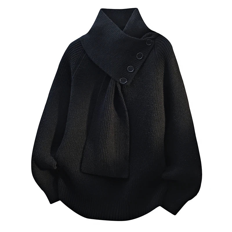 Scarf neck knit sweater with button detail