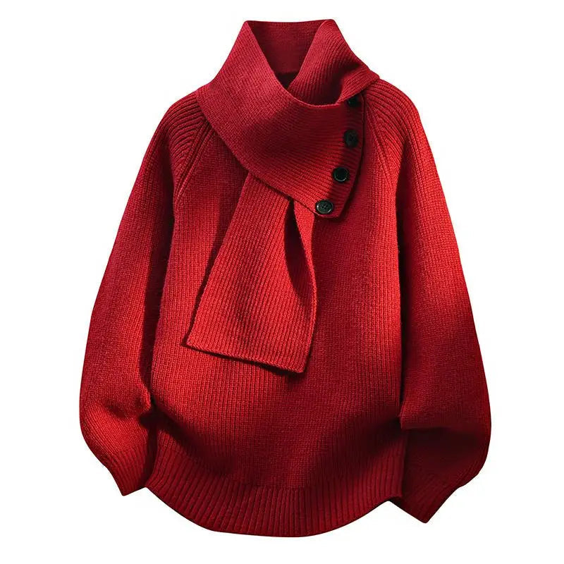 Scarf neck knit sweater with button detail