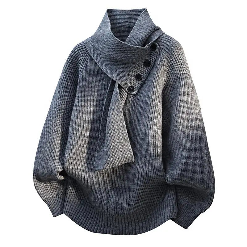 Scarf neck knit sweater with button detail