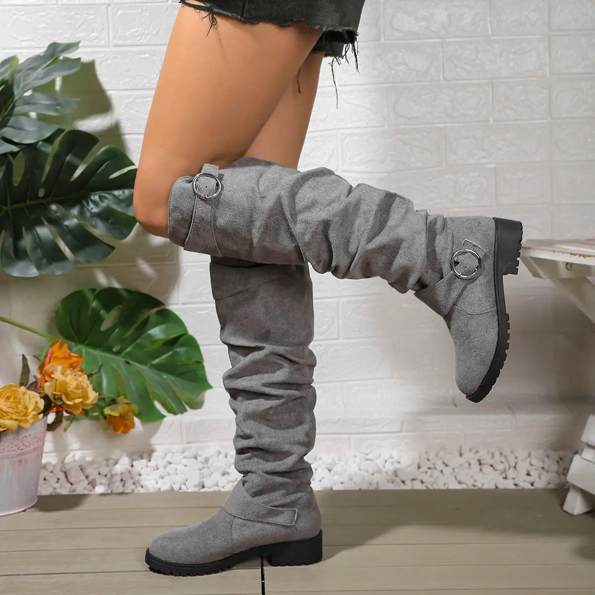 Light Gray slouchy knee-high Boots, front view
