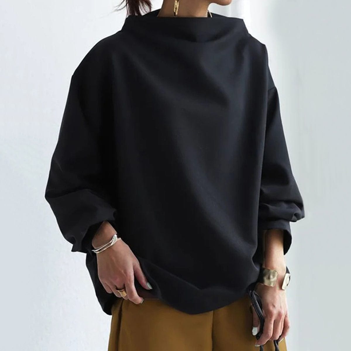 Black soft knit cowl neck sweater with balloon sleeves