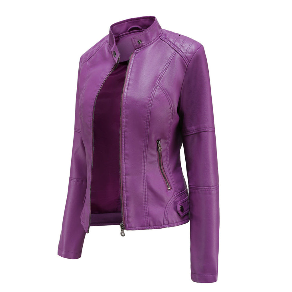 Fitted biker jacket with stand collar