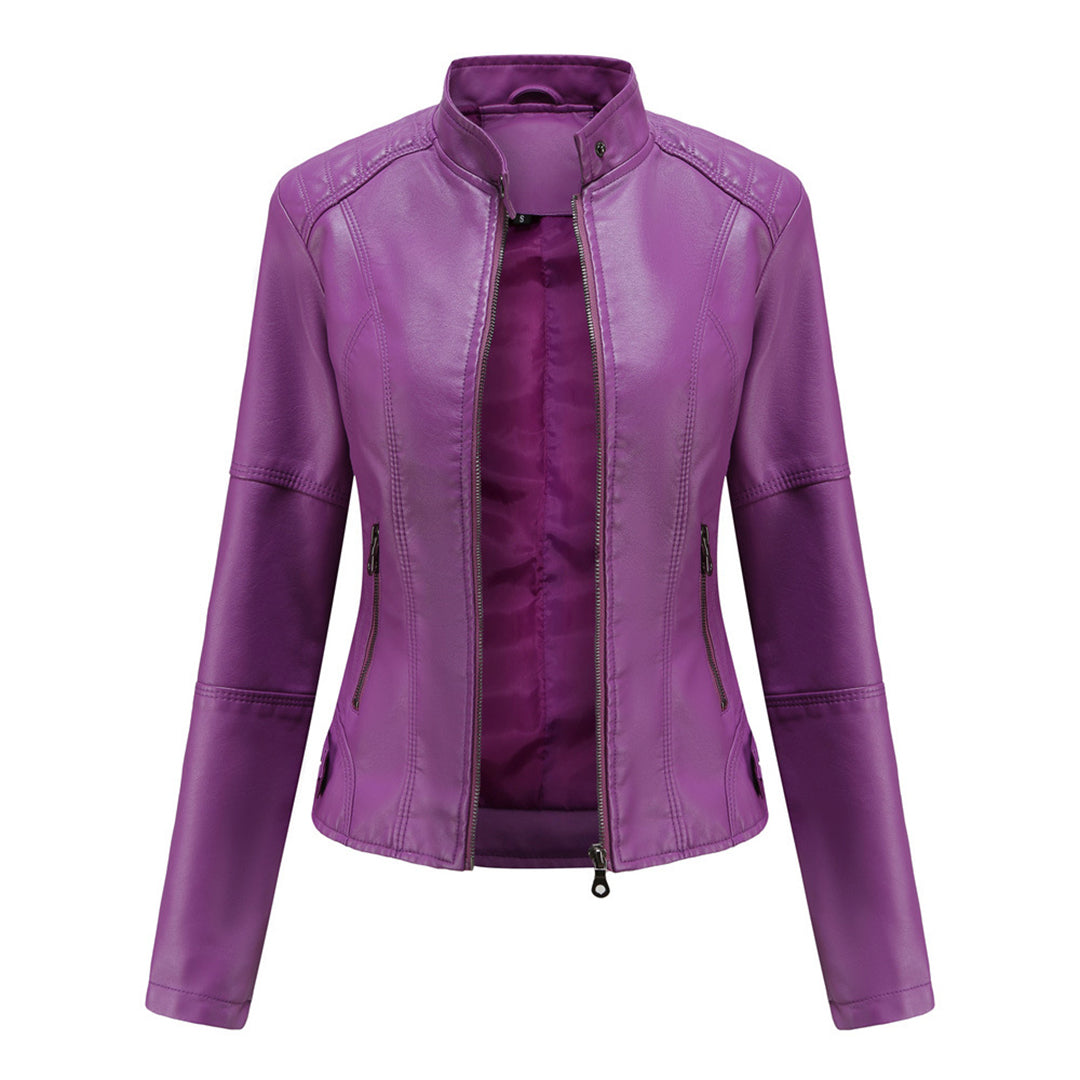 Fitted biker jacket with stand collar