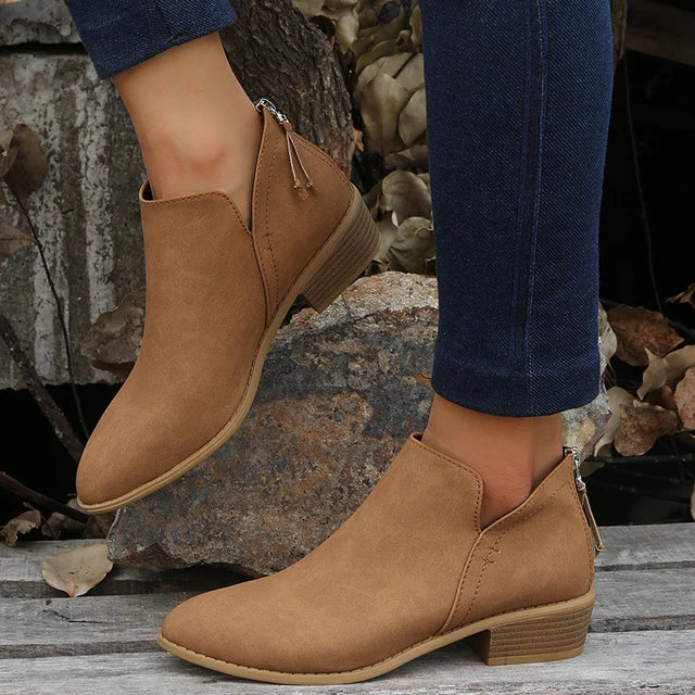 Khaki suede ankle boots with low heel and v cut topline