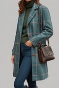 Teal plaid longline coat with notch lapel, front view