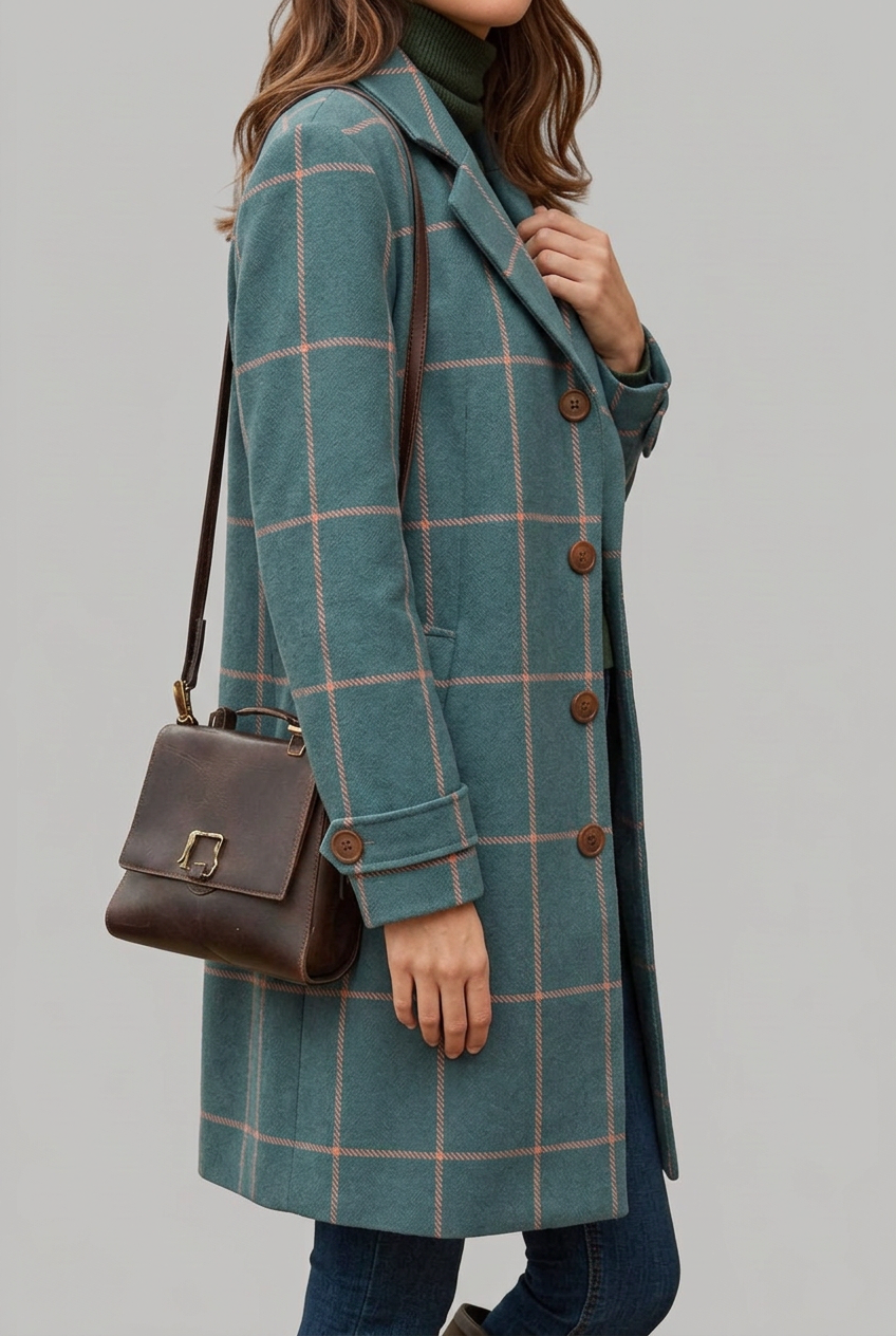 Teal plaid longline coat with notch lapel