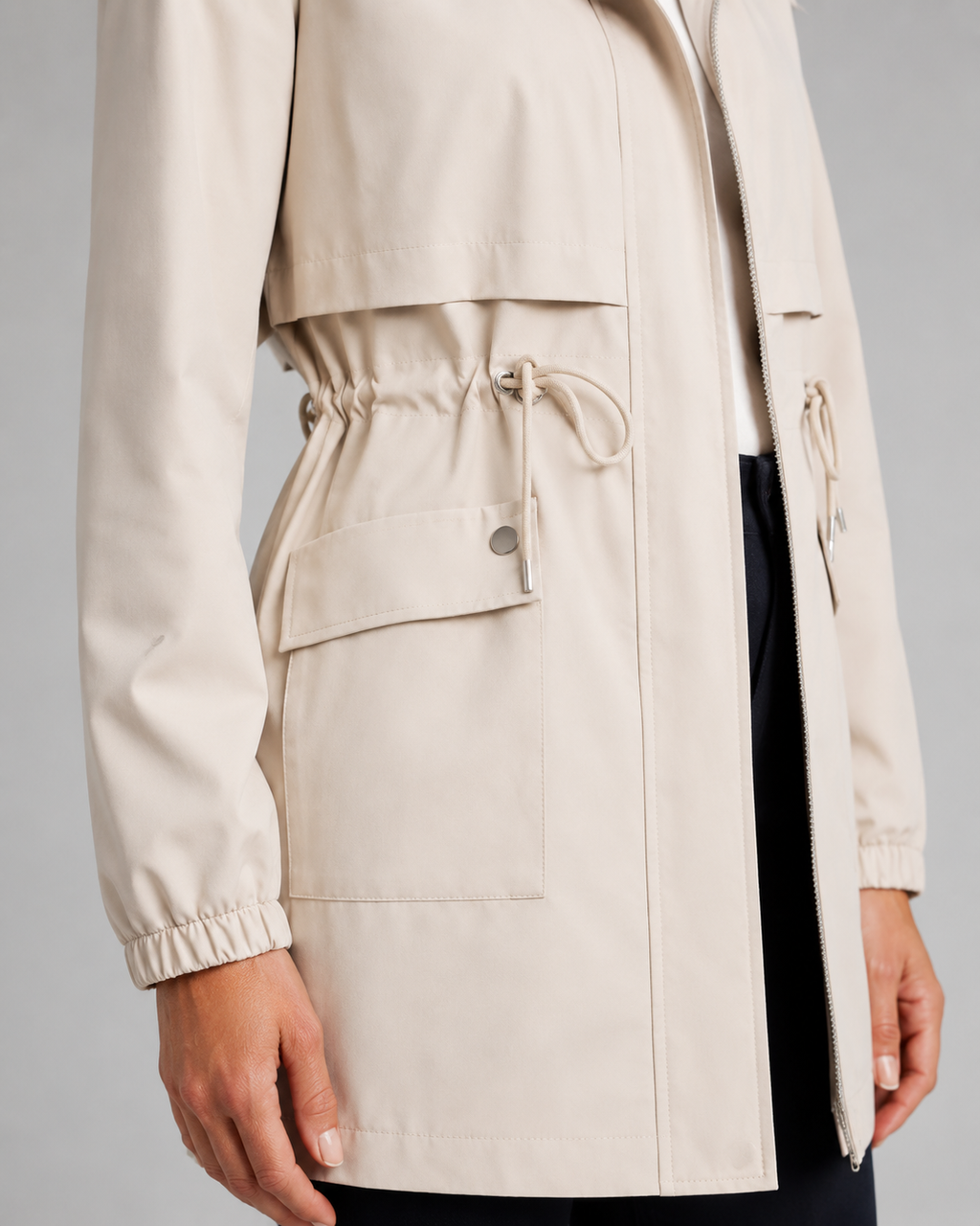 Beige hooded longline parka with drawstring waist