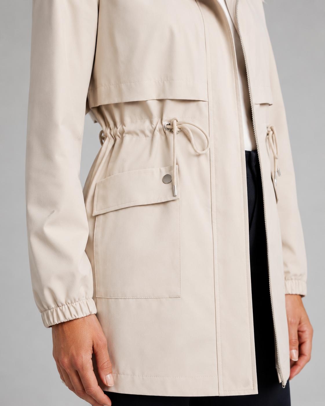 Beige hooded longline parka with drawstring waist