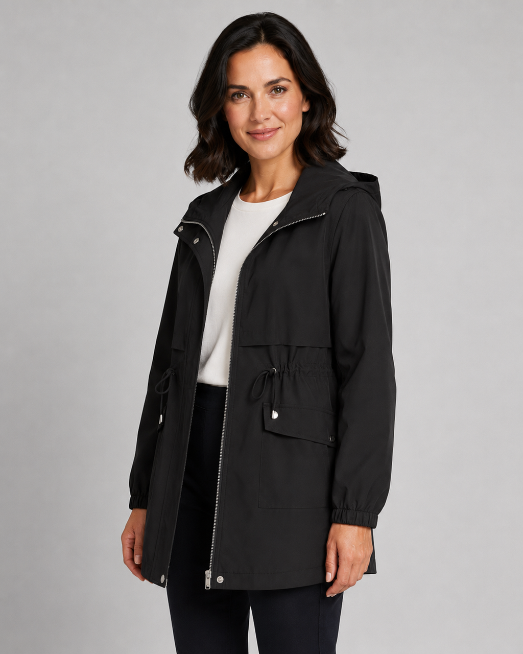 Beige hooded longline parka with drawstring waist
