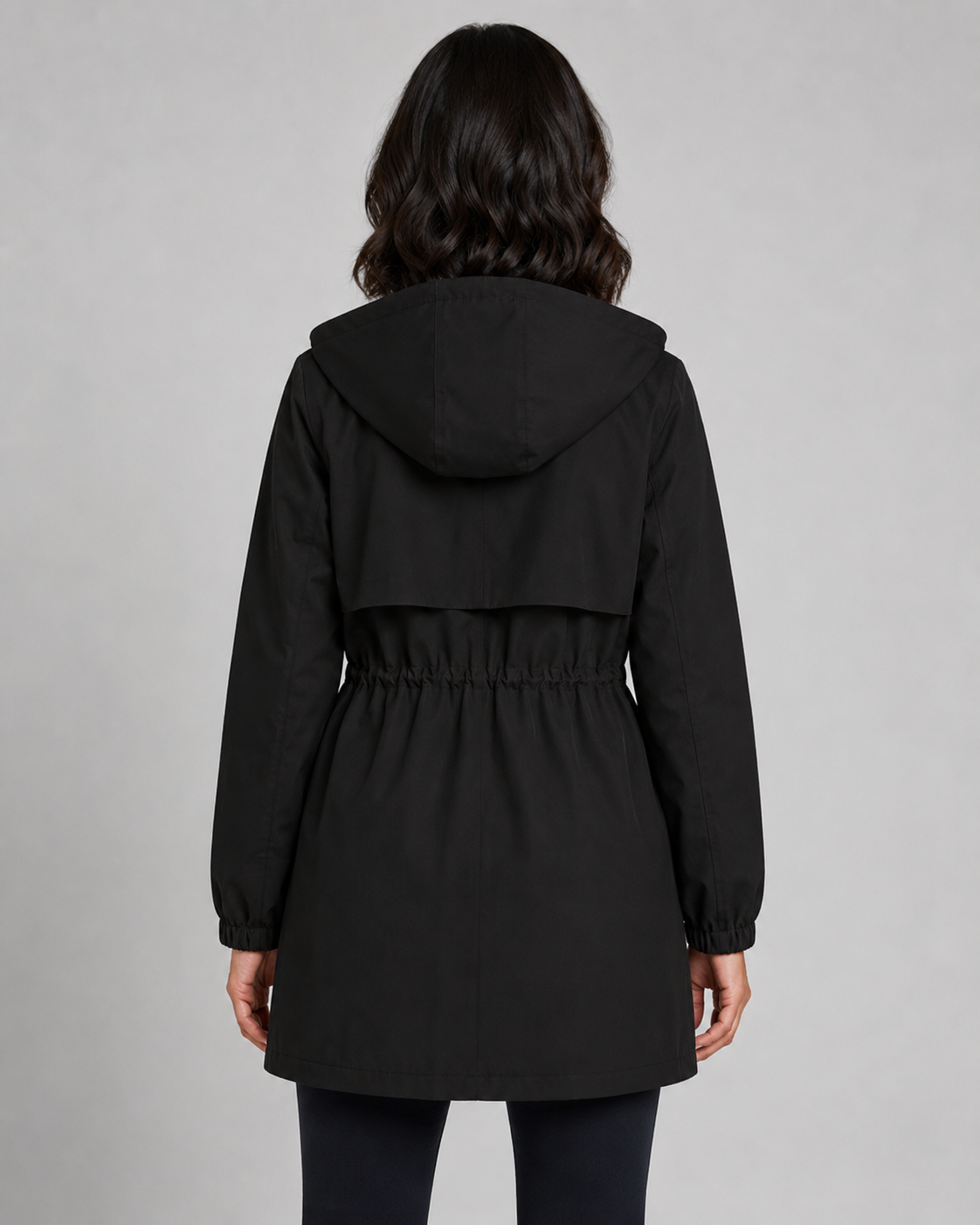 Beige hooded longline parka with drawstring waist