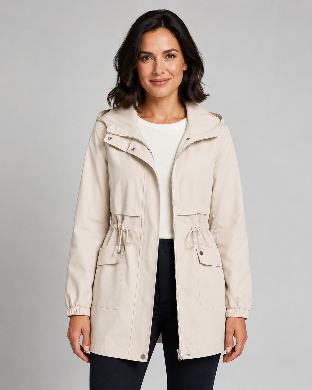 Beige hooded longline parka with drawstring waist, front view
