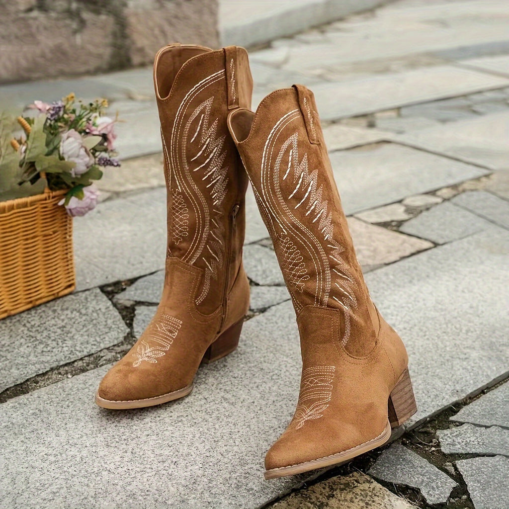 Camel knee-high western embroidered Boots