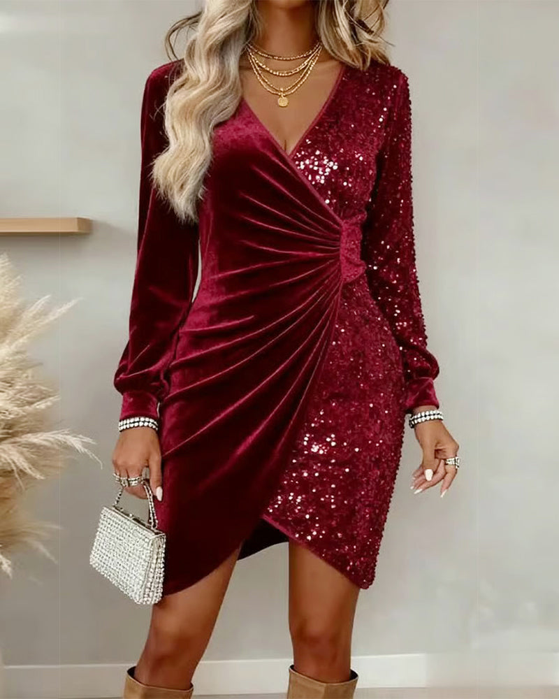 Red sequined velvet mini evening dress with long sleeves, front view